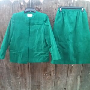 Abe Schrader Women Green Two Piece Jacket Skirt Set Size 6 Open Front Zip Skirt